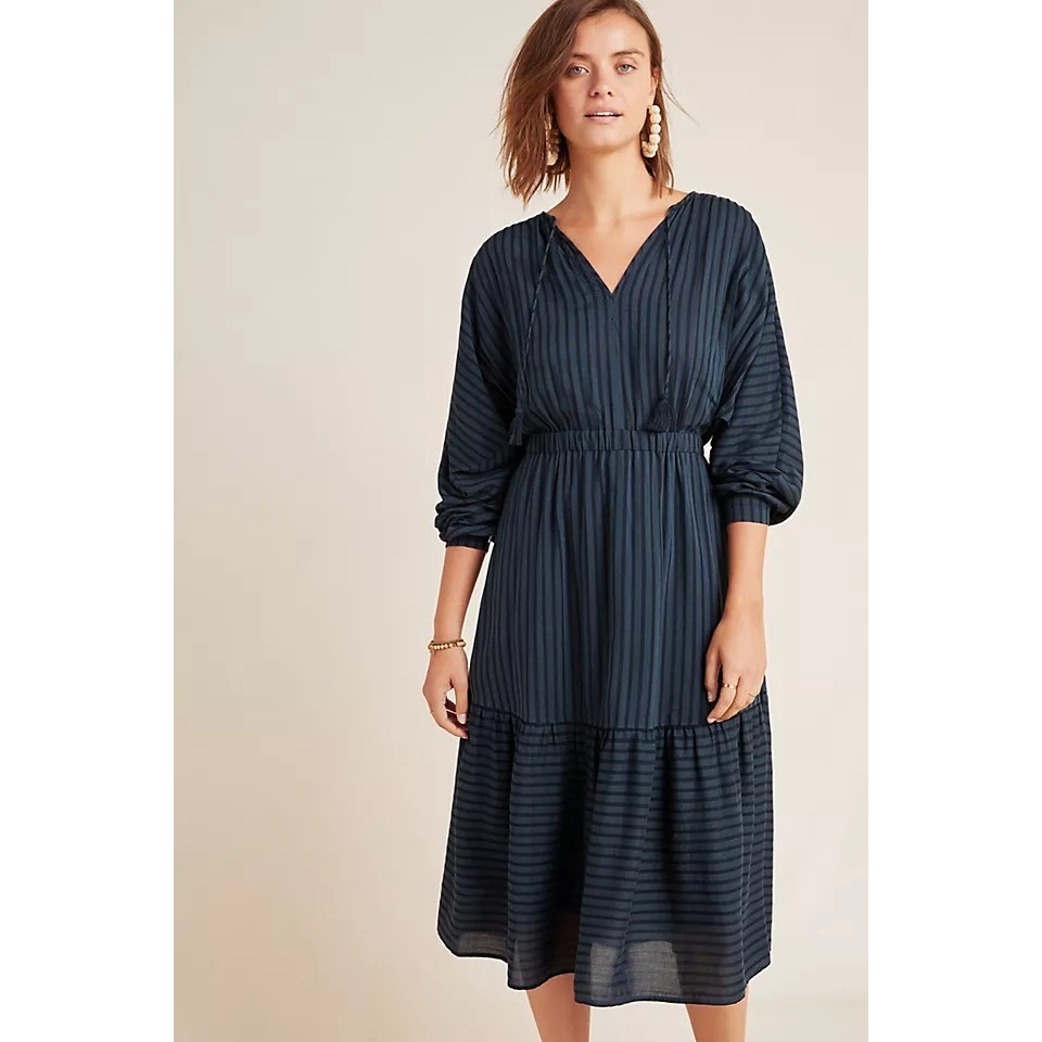 Dolan Womens Xxs Striped V-Neck Tassel Midi Dress Navy Blue Prairie Cottagecore